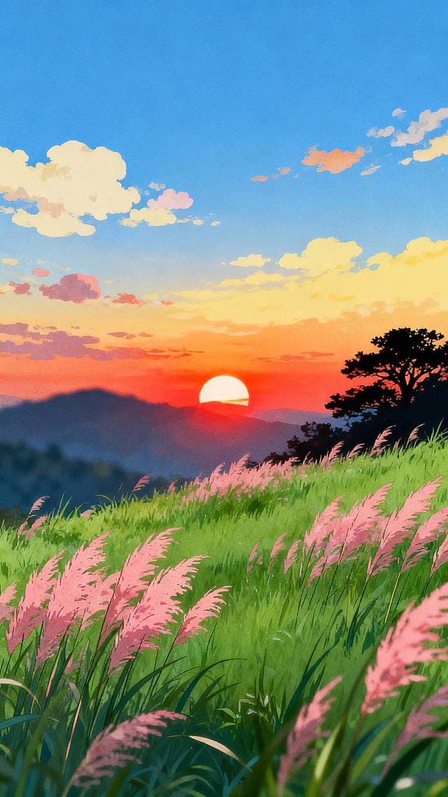 画面元素与环境描述
 
- 前景：大片绿色草地中，点缀着许多粉黛乱子草，草形态清新雅致。
- 中景与背景：远处是夕阳西下的景象，太阳散发着橙红色的光芒，天空被染成了蓝、橙、黄渐变的色彩，还漂浮着一些云朵，地平线处能看到模糊的山峦轮廓，右侧有一棵树木的剪影。
- 整体氛围：这是一幅充满自然美感的黄昏景象，推测可能是在郊外的草地或山野间拍摄的，这样的画面很适合作为风景壁纸，动漫风格