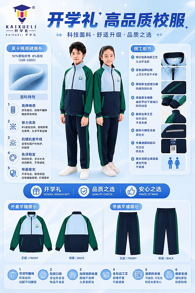 一张竖版高品质校服宣传海报，整体配色以明亮浅蓝色为主，背景为明亮清新的光滑面料质感渐变背景，带有柔和的云朵和光斑装饰，清新校园氛围。

【版式结构参考图3，保留骨架，替换为本次商品与文案】

【左上角】放置开学礼品牌logo（图1样式），logo下方有小字"KAIXUELI 开学礼"。

【顶部主标题区】主标题大字："开学礼 高品质校服"，字体粗厚有力，蓝色渐变；副标题小字："科技面料·舒适升级·品质之选"。

【中间产品区】画面中央展示男女两位学生模特穿着校服套装（图2中的校服款式，100%还原校服外形、颜色、拼接设计、拉链、口袋细节，与上传图2保持一致），男孩在左女孩在右，背靠背站立，校服清晰完整，人物面部清晰自然，亚洲学生面孔。

【左侧面料特性区】圆角半透明浅蓝色卡片，标题："莱卡棉感健康布"，下方小字："92%聚酯纤维 8%氨纶（320-330G）"。再下方标题"面料特性"，配5个带图标的卖点：
1、高弹棉感：厚实挺括，保暖不臃肿，触感柔和亲肤
2、弹力优异：8%氨纶加持，跑跳舒展无束缚，久穿不易起皱
3、抗晒抗紫外线：日常校园户外防护，抗起球
4、色泽稳定：防白防旧，多次水洗依旧鲜亮，不易褪色
5、布面密实：不易勾丝，耐受校园日常磕碰摩擦，打理简单

【右侧做工细节区】圆角半透明浅蓝色卡片，标题："做工细节"，配8个带小图标的卖点：
1、领口包条加固工艺，久洗不变形
2、定制品牌拉链，上万次开合不卡顿
3、两侧安全拉链口袋，防掉落防扒窃
4、高密高支棉感扁机罗纹下摆袖口，防风锁温
5、肩部立体工艺，抬手活动不受束缚
6、国际大牌反光条，更安全
7、专属溯源码标识，可定位防丢失
8、男女同款立体版型，兼容内搭不紧绷

【中部下方】三个蓝色圆角图标横排："开学礼 SCHOOL SEASON GIFT"、"品质之选 QUALITY CHOICE"、"安心之选 PEACE OF MIND"。

【底部平铺展示区】分左右两栏：
左栏标题"外套平铺展示"，展示外套正面图和背面图（与图2校服外套款式颜色一致），标注"正面/FRONT"、"背面/BACK"。
右栏标题"冬裤平铺展示"，展示冬裤正面图和背面图（与图2校服裤子款式颜色一致），标注"正面/FRONT"、"背面/BACK"。
底部再横排6个圆形图标卖点（冬裤做工细节）：可调节腰绳、拉链口袋、加深裆部余量、全包边工艺、溯源码吊唛、细密车线。

【整体风格】清新明亮校园风，浅蓝色主色调，信息分区清晰，排版精美，层级分明，四周留安全边距，商业海报质感，超高清，2:3竖版。

画面中所有数字必须精确渲染："92%"、"8%"、"320-330G"，不得错位、遗漏或编造。
画面中所有信息区域必须填充完整合理的内容，不得出现空白框、空白占位、空列表项。