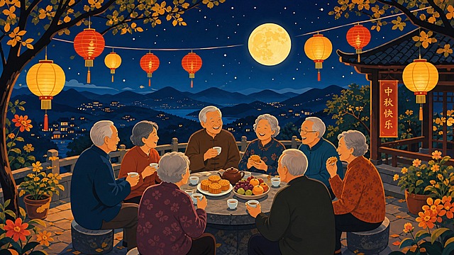 参考图中的扁平插画风格、色彩氛围和构图方式，重新生成横版画面：中秋节夜晚，一群老年人在山顶一起赏月吃月饼，老人们围坐在石桌旁，桌上摆放着月饼、茶水和水果，天空中有一轮明亮的圆月和点点繁星，周围悬挂着红色和黄色的灯笼，远处是连绵的山脉夜景，树木枝叶点缀，整体氛围温馨祥和，充满节日气息，扁平插画风格，色彩浓郁温暖