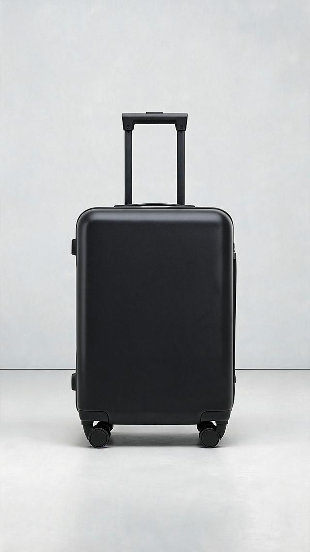 Black solid color suitcase overall display, minimalist style, on plain background, e-commerce product photo, 9:16 vertical, HD texture, no text on image. Keep the original composition of the reference image