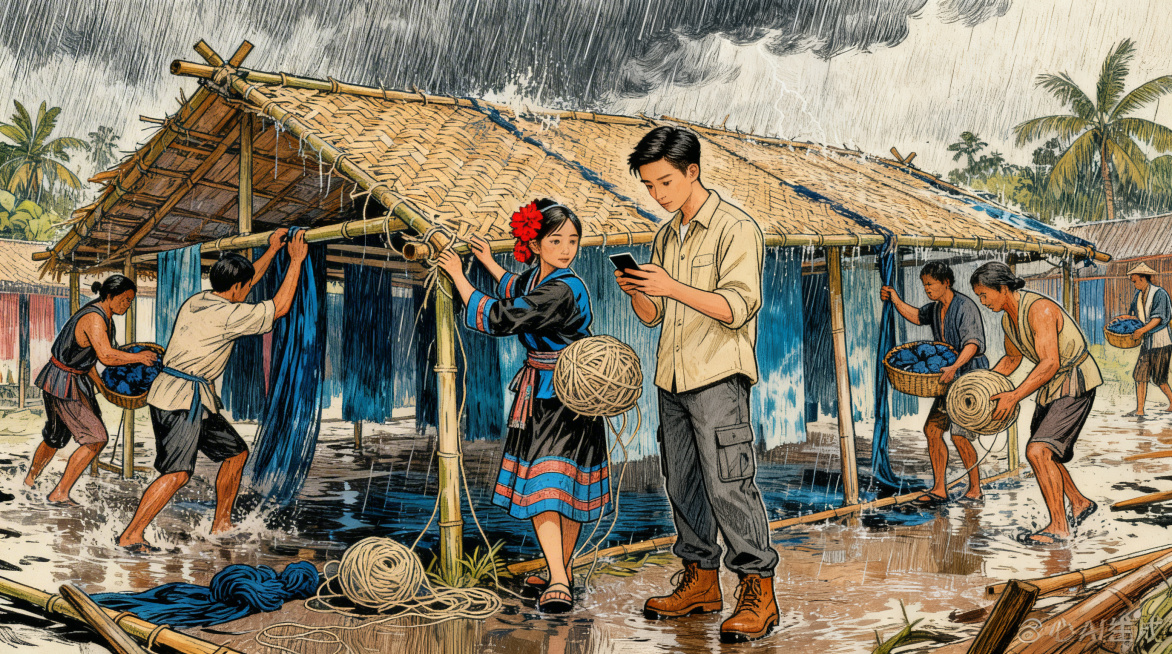 保留图1的暴雨后黎族染坊抢修场景，林远在用手机查看气象预警，阿黎带领大家用传统竹编技法加固染料棚，多名村民帮忙搬运染料和线团，两人配合抢回大部分染料，保持原图比例，手绘风格预览效果