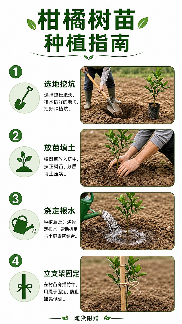 柑橘树苗种植养护手卡正面，竖版，简洁实用风格，白色背景，多图少字。顶部标题"柑橘树苗 种植指南"。分为4个步骤配图：1. 选地挖坑 配图：一个人在土地上挖坑，旁边放着柑橘树苗 2. 放苗填土 配图：将树苗放入坑中，手扶树苗填土 3. 浇定根水 配图：用水壶给刚种好的树苗浇水 4. 立支架固定 配图：树苗旁插竹竿用绳子固定。每个步骤配小图标和简短文字说明。底部小字"随货附赠"。整体排版清晰，适合打印，信息图风格。