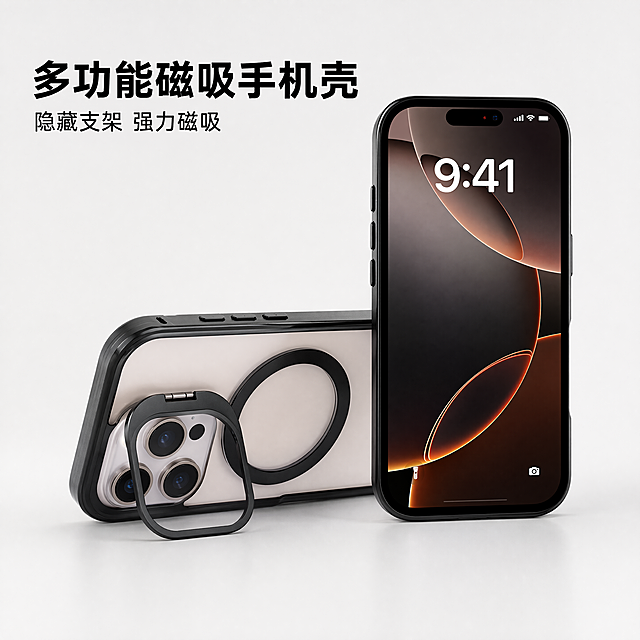 [主图-1] 多功能磁吸带支架手机壳产品首图
[氛围风格] 现代简约科技风，干净高级突出产品质感
[画质] 商业摄影质感，光线通透，产品清晰真实，画面干净高级
[元素] 保持手机壳产品外观、物理结构、材质颜色和输入产品图完全一致，杜绝任何变形色差，精细化处理。手机壳搭配手机居中展示，隐藏式摄像头支架打开，突出设计，商品主体占比约70%，浅灰白色干净背景，满屏无边框设计。
[光影] 正面打光均匀柔和，主体光线均匀明亮，金属边框高光突出材质，暗部层次清晰，背景干净不抢主体
[配色] 主色调浅灰白色，产品黑棕配色保持不变，简约高级
[视角构图] 平视四分之三视角，景深适中，主体轮廓完整不裁切
[文字版式] 左上负空间左对齐留安全边距，大字主文案"多功能磁吸手机壳"黑色粗体无衬线，下方辅助文案"隐藏支架 强力磁吸"黑色半高文字，文字不遮挡产品主体
[比例分辨率] 1:1比例，4k分辨率，文字清晰可辨，超高清
[负向提示词] 变形，水印，文字错乱，产品图模糊，背景杂乱