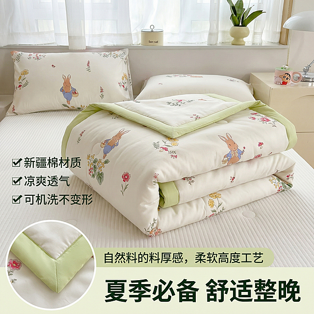 [主图 5] 多方位展示 促进转化
[氛围/风格] 整洁清晰展示，整体风格和全套主图统一和谐。
[画面元素] 商业摄影质感、光线柔和通透、产品清晰真实、画面干净高级。大图展示夏凉被折叠后自然蓬松厚度，左下角圆角小画中画特写展示包边工艺细节，保留产品原有花型色彩和整体卧室背景，整体布局干净清爽。
[配色色系] 统一浅绿+米白主色调，风格和前四张保持完全一致。
[视角构图] 主体居中俯视构图，小画中画置于左下角不遮挡主体。
[文字版式] 左侧竖排展示核心卖点：“新疆棉材质”“凉爽透气”“可机洗不变形”，每项卖点前置绿色对勾符号，字号依次排列，底部醒目标注“夏季必备 舒适整晚”深绿色粗体，文字清晰不遮挡产品主体，字体和前面四张保持统一风格。
[比例分辨率] 1:1 比例，2k 分辨率；文字清晰可辨，超高清。
[负向提示词] 变形，水印，文字错乱，产品图模糊，背景杂乱，文案遮挡主体，整体风格不统一