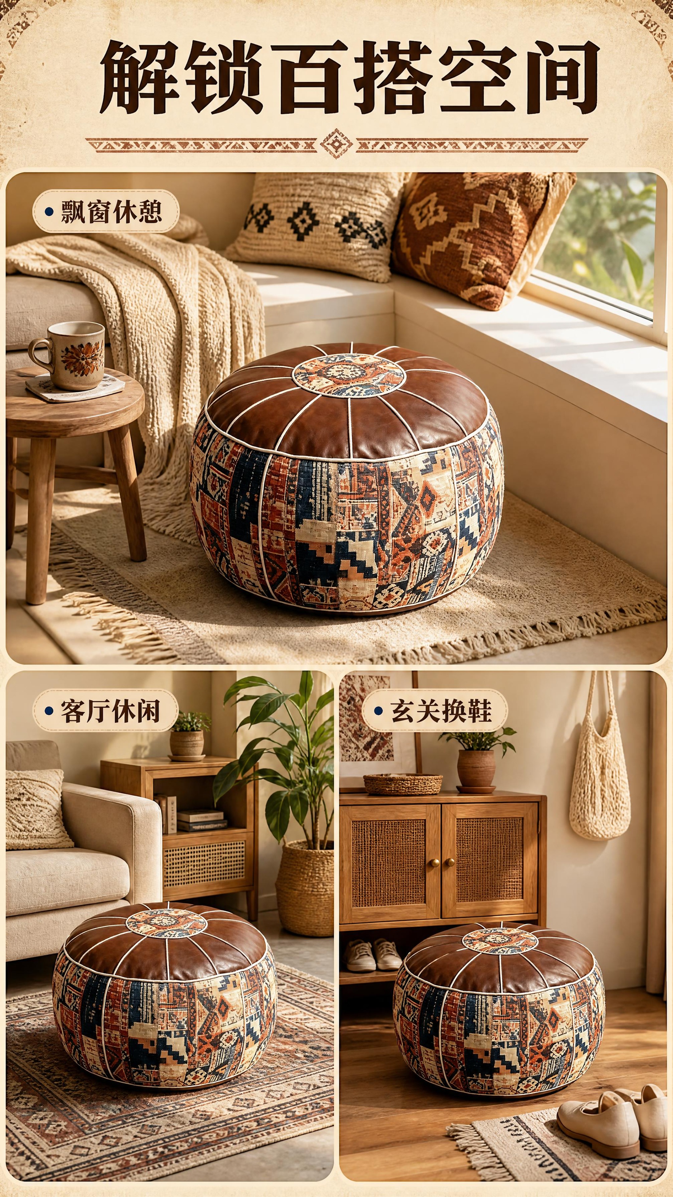[商品] 使用【图1】波西米亚风坐墩；保留棕色仿皮顶面、中心民… - 图片创意预览