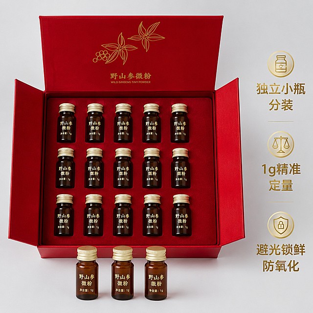 「图片1」，生成一套主图（5张），商品名称是力神官参坊野山参微粉，卖点是一、核心产品卖点
（一）原料珍稀硬核卖点：15 年林下野山参，高年份高品质参材
高年份林下野山参基底
产品明确标注15 年以上林下野山参，区别市面低年限园参；林下仿野生长，无人工化肥干预，皂苷、多糖、氨基酸等有效营养物质远高于普通种植人参，滋补力更强，属于稀缺滋补原料。
产地专业药企生产，源头品控可靠
生产企业为力神药业（吉林）有限公司，吉林是国内道地人参核心产区，药企标准化加工生产线，医药级生产规范，原料筛选、粉碎、灭菌全流程严格管控，品质稳定有保障。
微粉超碎工艺，吸收效率翻倍
采用超微粉碎技术，把野山参研磨成超细微粉，打破细胞壁，人体肠胃无需长时间分解，温水冲服就能快速吸收有效成分；对比切片、整支人参，不浪费营养，滋补利用率大幅提升。
（二）包装 & 规格实用卖点
独立小瓶分装，定量精准、锁鲜防氧化
规格1g×15 瓶，单瓶精准 1 克定量，每日服用剂量好把控；棕色避光小玻璃瓶密封，隔绝光照、潮气，牢牢锁住人参活性营养，不会受潮、氧化流失药效；单次一瓶，干净卫生，避免整罐反复开盖污染。
高端红金双开礼盒，礼赠质感拉满
正红礼盒搭配烫金人参、参果线条纹样，中间圆形金属铭牌标注产品名，双开门内衬红色植绒，15 瓶整齐卡位摆放，大气庄重，轻奢国风高端质感，自用有档次、送礼体面显贵气。
便携随身设计，日常滋补无门槛
单瓶小巧轻便，通勤、出差、旅行随身放包，不用炖煮、不用切片，随时随地冲泡服用，打破传统人参必须在家熬煮的局限。
（三）服用便捷卖点，懒人友好居家滋补
吃法多元，操作零难度
①温水 / 温水牛奶直接冲饮，晨起空腹、睡前温水送服；
②搭配粥、汤、蜂蜜调和，入口温和无苦涩；
无需砂锅炖煮、无需长时间熬制，30 秒完成滋补，上班族、老年人都能轻松操作。
温和滋补不上火，四季可长期调养
林下野山参性质平和，不像普通红参燥热，四季均可少量长期调理，补气固本，不易出现上火口干、燥热失眠问题。
（四）滋补功效卖点，针对各类体虚人群
大补元气，改善气虚乏力
针对长期疲惫、体虚气短、稍微活动就累、精神萎靡、四肢发软，补足人体元气，恢复精力，改善亚健康透支状态。
固本养气血，改善面色暗沉
调理气血亏虚，改善熬夜、劳累、产后、中老年带来的面色蜡黄、气色差、头晕眼花、手脚发软，长期喝气色红润有光泽。
安神缓疲劳，改善失眠健忘
缓解高压工作、熬夜导致的神经衰弱、入睡难、多梦易醒、记忆力下降，舒缓身心，提升睡眠质量。
中老年固本养护
15 年林下参滋养五脏，提升身体抵抗力，改善中老年人体虚畏寒、免疫力差、换季易疲乏，温和养护身体底子。
术后 / 产后恢复调理
大病初愈、产后气血大亏人群，温和补充元气，帮助身体缓慢恢复，相比厚重滋补品，微粉更好吸收，不给肠胃造成负担。
二、细分适用场景完整叙述
场景 1：职场高压亚健康人群日常调养（主力高频场景）
长期加班熬夜、久坐办公、工作压力大，经常浑身乏力、气短犯困、白天精神涣散、晚上失眠多梦、记忆力下滑、面色暗沉蜡黄。
每日晨起温水冲 1 瓶野山参微粉，超细粉末快速补元气，缓解全天工作疲惫，平复焦虑紧绷神经，改善入睡困难，坚持饮用告别 “疲惫虚浮” 的亚健康状态，低成本日常内服调养，不用占用大量时间炖煮参汤。
场景 2：中老年长辈固本养生场景
父母、长辈年过 50，常年体虚怕冷、免疫力弱、换季容易疲惫、走路气喘、睡眠浅、精神差，身体底子逐年亏虚。
作为长辈每日滋补品，1g 定量温和进补，长期服用固本补气，提升精气神，缓解中老年气虚乏力；高端红金礼盒，日常给父母常备，贴心养护长辈身体。
场景 3：术后、产后气血亏虚恢复场景
女性产后气血大亏，或是大病、手术后身体虚弱、浑身无力、头晕出虚汗、胃口差、肠胃吸收弱。
野山参微粉分子细腻，对肠胃负担小，温和补充元气与气血，帮助身体缓慢恢复，不用炖煮厚重滋补汤品，每日一瓶轻松进补，改善体虚出虚汗、面色苍白问题。
场景 4：高端节日送礼、商务拜访伴手礼场景
红金双开植绒礼盒，烫金国风人参设计，15 年林下野山参稀缺高价值属性，区别普通保健品、廉价人参礼盒。
适合春节、中秋、重阳、拜访客户 / 领导、探望长辈病人、祝寿送礼：
送父母长辈：寓意健康长寿，精准匹配中老年固本养生需求；
商务馈赠客户领导：高端滋补品，体面有心意，兼顾健康与档次；
探望术后病人：温和补气调养，实用且寓意早日康复。
场景 5：出差、长途出行便携滋补场景
独立避光小瓶体积小巧，不占行李箱、通勤包。长期异地出差、长途奔波、频繁赶路，容易疲惫气虚、睡眠紊乱，随身带几瓶，酒店温水冲泡即可，随时随地补气缓疲劳，旅途也能坚持养生，不用携带笨重人参、炖煮器具。
场景 6：女性气血养颜调理场景
经常熬夜、气血不足、经期后体虚、手脚冰凉、肤色暗沉长气色差、容易头晕乏力。
日常长期少量冲服，补足气血，由内改善蜡黄暗沉，调和气色，温和滋养，不燥热，女生四季都能饮用，替代繁杂养颜补品，内调更持久。
场景 7：学生、备考人群提神固本场景
初高中、考研考公学生长期熬夜刷题、用脑过度，容易气虚头晕、注意力差、精神萎靡、睡眠浅。
每日少量冲服，温和补气安神，缓解用脑过度带来的疲惫，稳定精神状态，相比提神饮品无刺激性，长期不伤身体。风格为电商主图套图 ，适配拼多多平台，主图比例为1:1