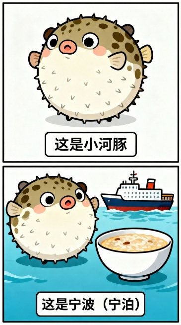 将下方空白处补充文字“宁波（宁泊）”，结合画面里的船（泊船）和粥（粥谐音州），完成谐音梗漫画预览效果