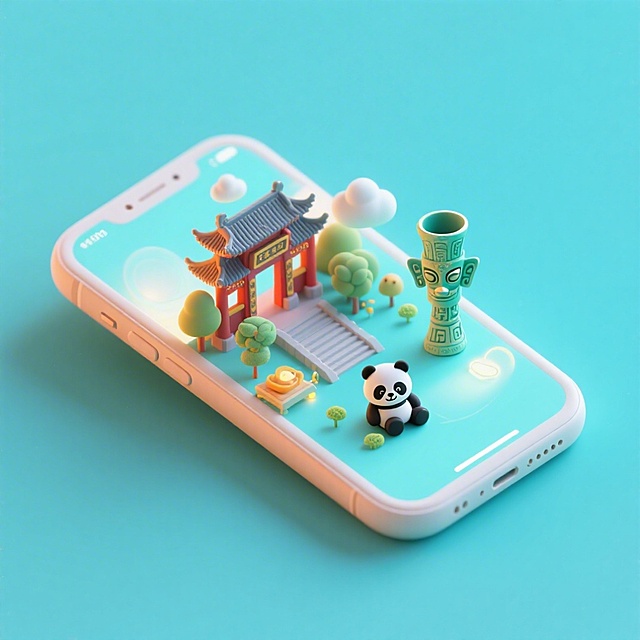 一个手机创意微缩场景，手机平放，侧面对着观众，手机俯视角度，立体的成都景观从屏幕内出来，有熊猫，三星堆，武侯祠，整体色调立体魔幻。青色背景。具有梦幻感,打光营造出柔和氛围强调梦幻和未来感的美学。