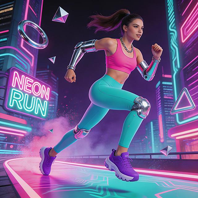 酸性设计风格夜跑场景，女性模特，跑步姿势为潮流动感的动态姿势，高饱和荧光配色，3D金属元素，未来感潮流夜景