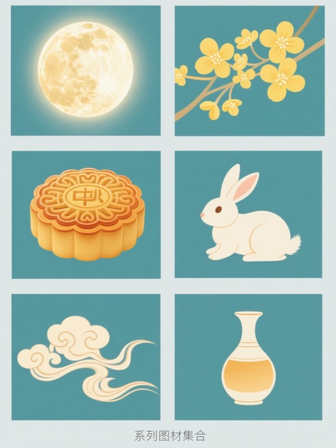 系列素材集合，每张均为简约现代风格的单一元素图案，纯色背景，无文字无logo无水印。元素分别为：散发柔和光晕的中秋圆月，表面有细腻纹理；金黄饱满的桂花，花瓣层次分明；造型精致的月饼，边缘有传统花纹；灵动可爱的玉兔，姿态活泼；飘逸流畅的祥云，线条优美；古雅的一壶桂花酒，壶身圆润。所有元素均规整排布，色彩明快和谐，具有简洁的设计感和节日氛围。预览效果