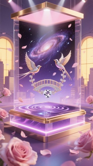 (大师之作, 最佳品质, 超精细细节), 七夕主题海报, 赛博浪漫主义半写实风格, 奢侈品级电商视觉, [悬浮玫瑰金镶边亚克力展示台] 表面折射银河波纹，台上元素 立体喜鹊环绕的钻石鹊桥(羽毛细节写实预览效果