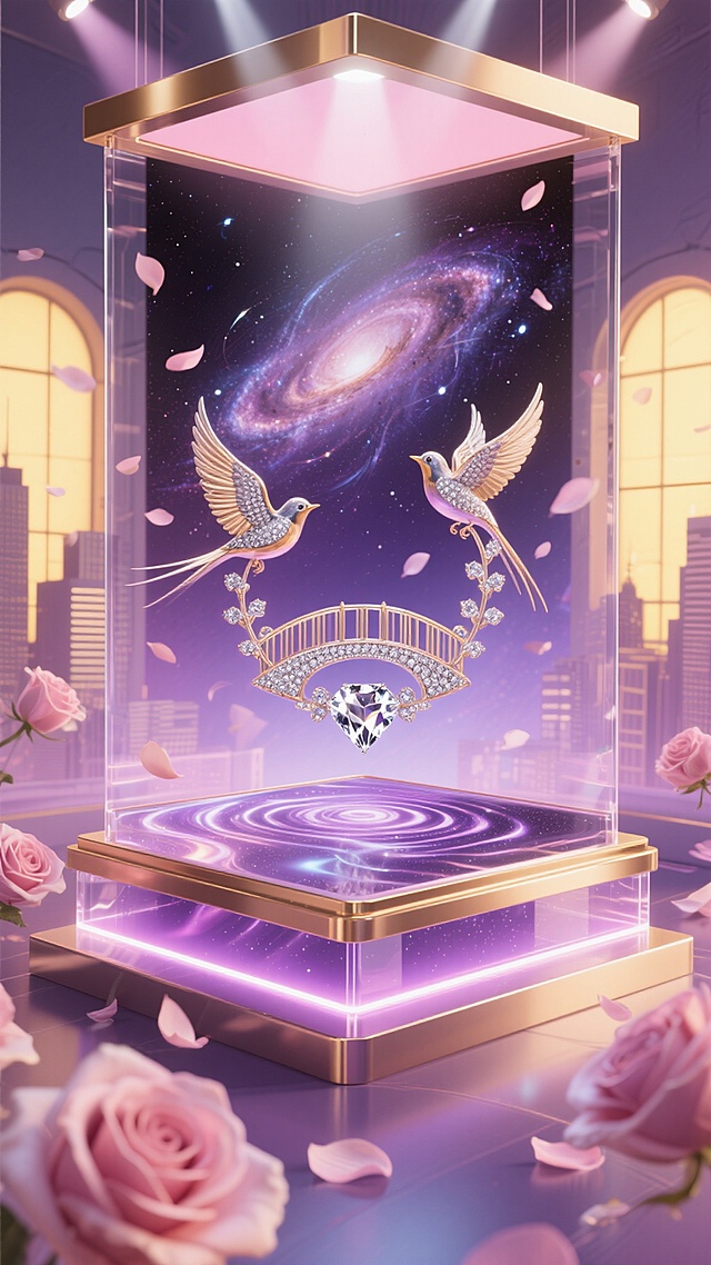 (大师之作, 最佳品质, 超精细细节),  七夕主题海报, 赛博浪漫主义半写实风格, 奢侈品级电商视觉,  [悬浮玫瑰金镶边亚克力展示台] 表面折射银河波纹，台上元素 立体喜鹊环绕的钻石鹊桥(羽毛细节写实)，NASA实拍星云+手绘银河笔触融合, 虚化城市剪影(暖黄窗灯,透明度30%),  3D渲染玫瑰花瓣飘落(叠加手绘质感),  顶部聚光灯束聚焦展台, 柔光粉(#FFD1DC)光晕, 台底流动光