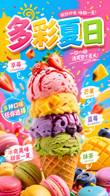 一张色彩缤纷多样的冰淇淋宣传海报，包含草莓、芒果、蓝莓、抹茶多种颜色口味的冰淇淋堆叠在甜筒上，马卡龙丰富撞色背景，搭配彩色糖屑和新鲜水果块装饰，顶部大字标题"多彩夏日"，风格活泼多巴胺，鲜艳醒目吸引眼预览效果