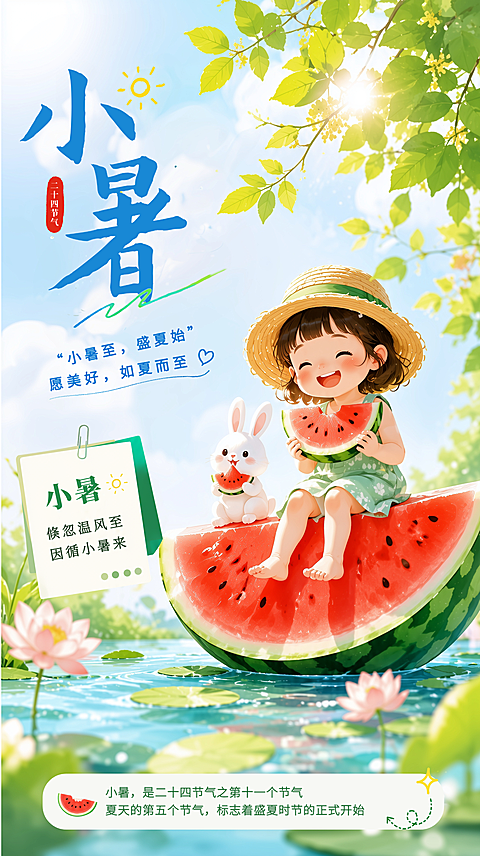 二十四节气小暑节气祝福唯美治愈插画微信朋友圈宣传竖版海报