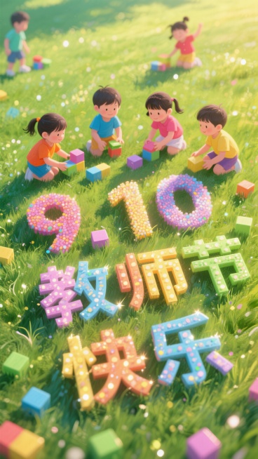孩子们在 （茂盛的）绿色草地上玩彩色积木，用积木拼成的大型 3D 汉字 “ 9.10 教师节快乐”，色彩鲜艳明亮，有闪烁的光效，温暖晴朗的户外氛围，可爱童真的插画风格预览效果