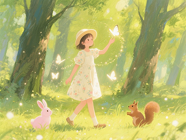 一个梦幻世界，整体黄绿色调，一位身穿米白色连体碎花裙的可爱女孩，戴着圆圈帽，正走在梦幻的深林里四处观望，周围有绿油油的参天大树和茵茵小草，粉嘟嘟的兔子和可爱的棕色松鼠在旁边，小女孩抬起一只手释放魔法，周身闪烁着梦幻般的光蝶在翩翩起舞，画面梦幻美妙，光线柔和，细节丰富，色彩鲜明