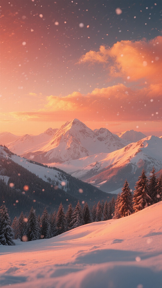 冬日雪山风景，连绵起伏的雪山覆盖着厚厚的积雪，山间点缀着茂密的雪松林，天空中飘着细密的雪花，整体色调变换为温暖的橙红色调，阳光照耀下的雪山呈现出柔和的橙红色光芒，雪地反射着温暖的光线，天空呈现出渐变的橙红色，云朵染上淡淡的金色，营造出温馨浪漫的冬日暖阳氛围，高分辨率，超写实细节，细腻的光影效果，柔和的光线，清晰的纹理，宁静的氛围。