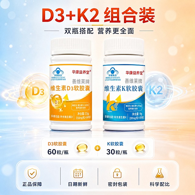 [主图-5] 规格与服务：双瓶组合 正品保障转化图
[统一基调] 整体风格=清透健康营养商业摄影风；背景主色=浅蓝到浅橙渐变光晕；标题字色=深橙红；辅助字色=深灰蓝；强调色=金黄色；字体样式=现代无衬线粗体；组件=圆角信息卡、细线营养图标、光晕粒子。
[画面] 双瓶正面并排居中陈列，产品占比约60%；瓶身下方展示规格信息卡片，两侧用图标展示服务承诺；背景为清透蓝橙渐变+柔和光晕，底部有台面倒影；整体干净利落，突出组合装价值和服务保障。
[光影质感] 正上方柔光，瓶身正面清晰，信息卡片有轻微浮起阴影，整体干净专业有信任感。
[配色] 主色橙黄+深海蓝，背景浅蓝浅橙渐变，强调色金黄色用于服务图标高亮，标题深橙红，正文深灰蓝。
[文字版式] 上方主标题：D3+K2 组合装；副标题：双瓶搭配 营养更全面；中间规格信息：D3软胶囊 60粒/瓶 + K软胶囊 30粒/瓶；底部半透明悬浮条横向排列4项服务：正品保障 日期新鲜 密封包装 科学配比；文字全部横排，底部服务条两端留空。
[输出要求] 1:1方图 2048x2048 2K分辨率，文字清晰，产品完整；负向：禁止极限词、禁止医疗功效、禁止虚假承诺、禁止错字、禁止平台Logo水印、禁止瓶身变形。