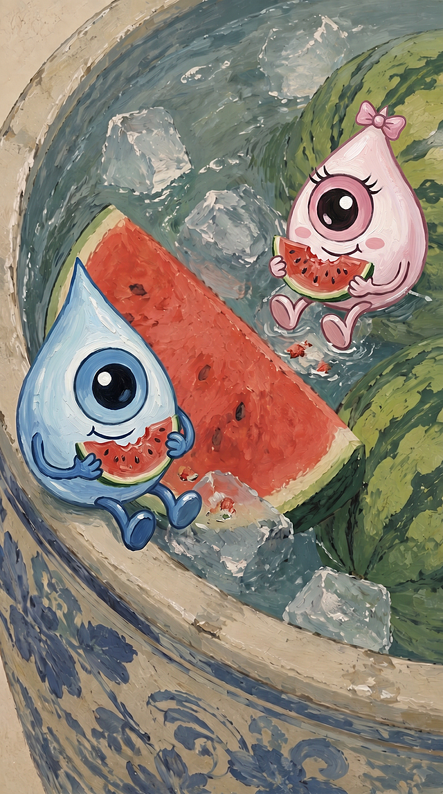 卡通风格，拟人水滴角色在冰镇西瓜中嬉戏，色彩明快，充满夏日清凉感。