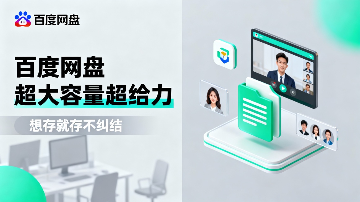 左上角展示百度网盘彩色logo，左侧黑色与青绿色渐变标题“百度网盘超大容量超给力”，下方浅灰色条带配白色文字“想存就存不纠结”；右侧为扁平化3D插画，呈现悬浮的视频会议窗口、文件共享图标及团队成员头像预览效果