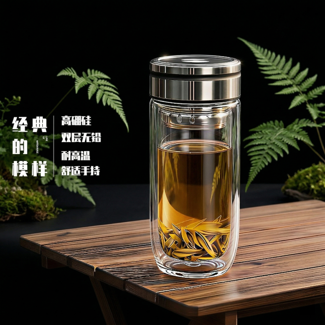 保持玻璃杯整体结构、杯内茶叶形态完全不变，更换为纯黑色简约主题背景，背景点缀绿植营造雅致氛围，将左侧文字放大两个号，清晰醒目，升级双层玻璃通透度，透过玻璃和茶水可清晰看到后方场景，大师级灯光效果，玻璃预览效果