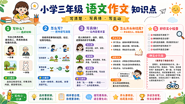 信息图，主题为小学三年级语文作文知识点，图文并茂，通俗易懂，符合4C1E设计原则，清晰排版，图文结合，适合小学生学习使用