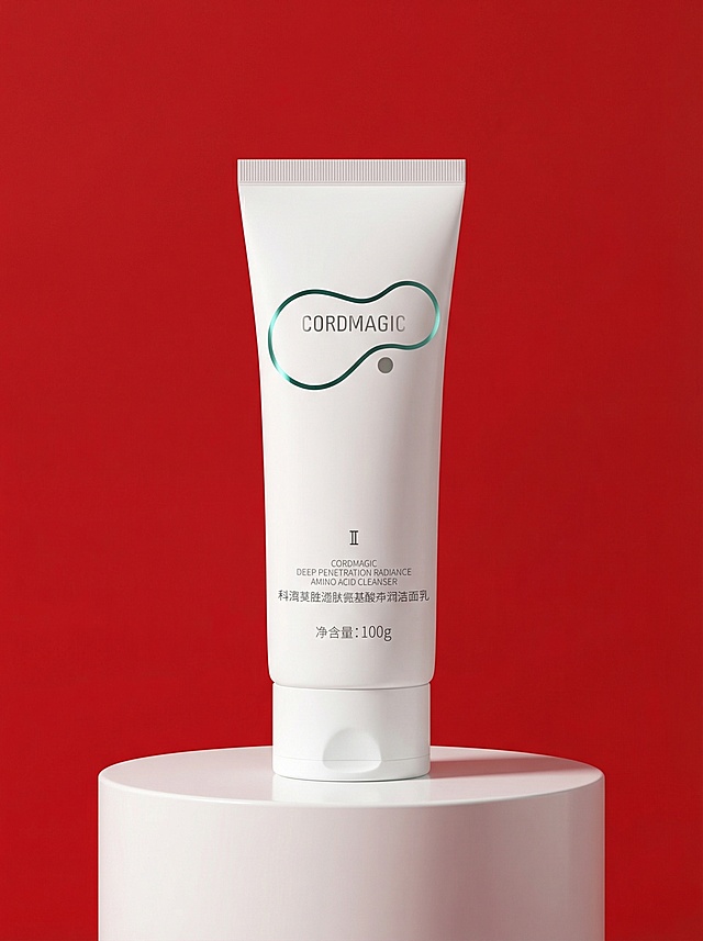 生成红色背景，产品在白色产品展示台上「图片1」