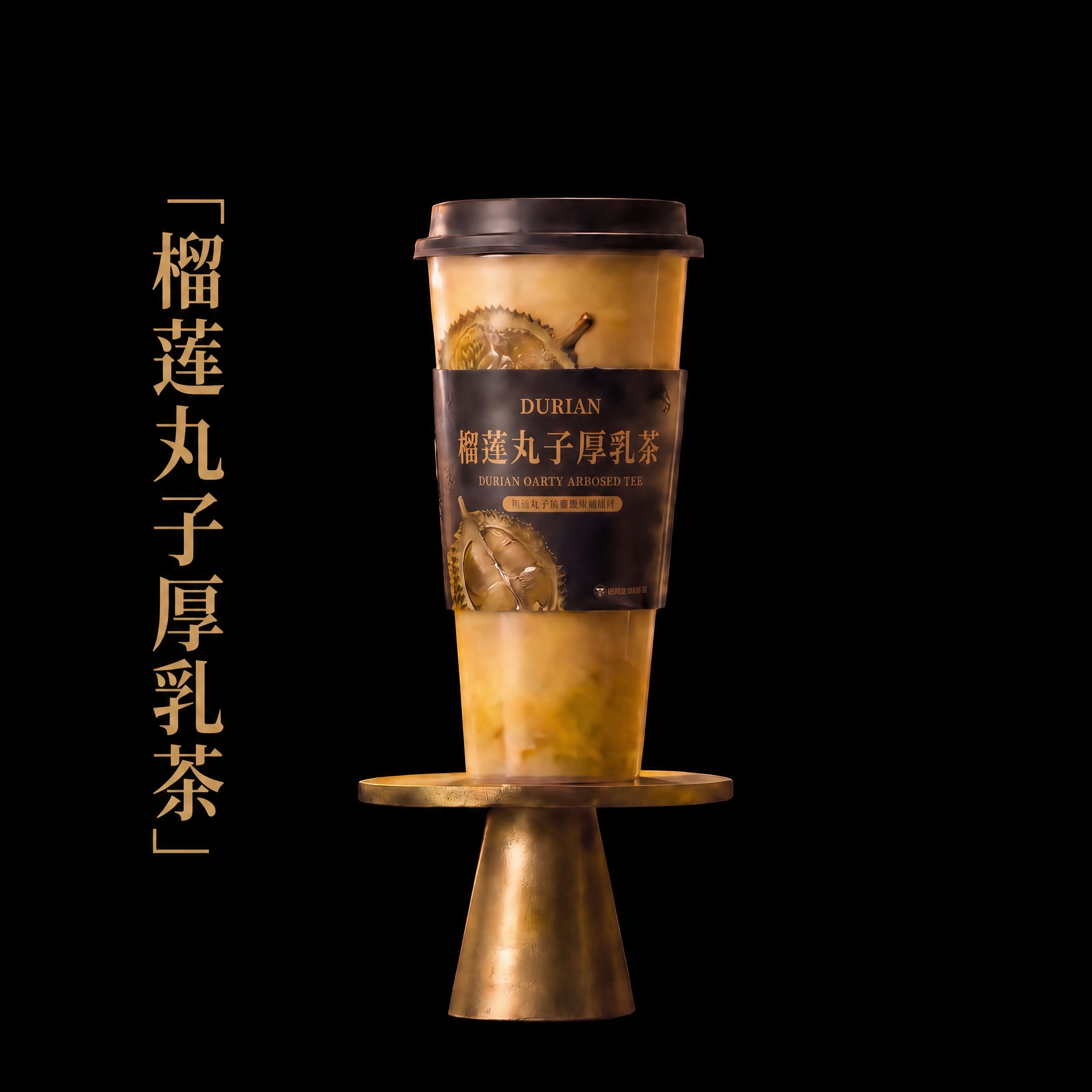 参考图1的构图、金色底座、左侧竖排金色文字样式和纯黑背景，将图… - 图片创意预览