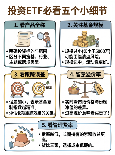 生成ETF投资小贴士信息图，和参考图一样的漫画手绘风格，大标题"投资ETF必看五个小细节"，分五个圆角框介绍看产品全称、关注基金规模、看跟踪误差、留意溢价率、看管理费率，每个细节配简约卡通小图标，文字预览效果