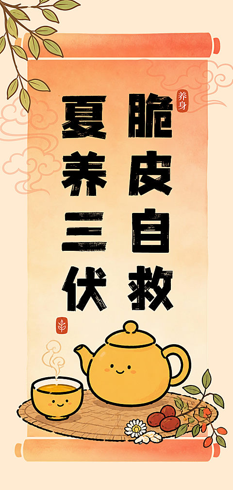 中式风插画三伏天养身宣传全屏竖版海报