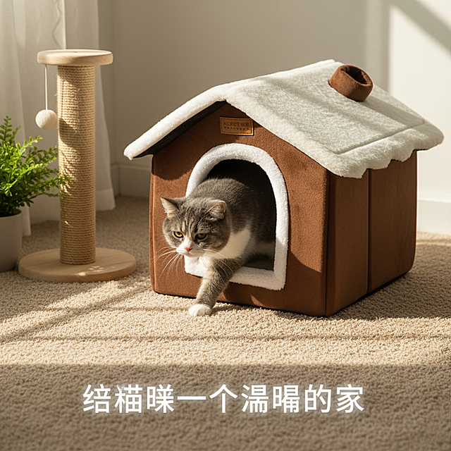 以图中的猫屋为元素,设计4张跟猫屋有关的广告图，物体主体特征不变,比例 「1:1」