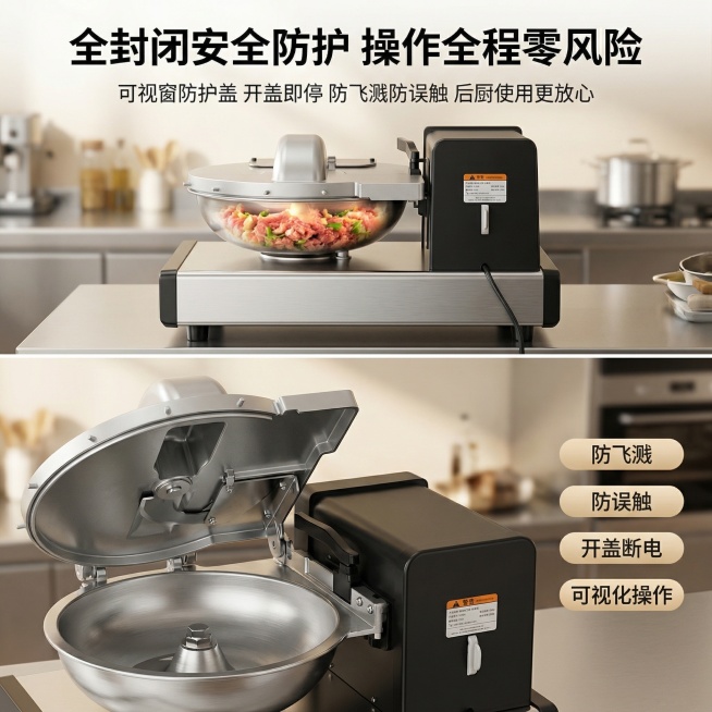 1:1 竖版电商主图，杂志级上下双场景拼接排版，高级商用厨电写实风格，统一暖调专业光影，画面严格还原上传的第5张欧信斩拌剁馅机产品图，包括包装设计、颜色、LOGO位置、文字内容、图案元素等所有细节，产预览效果