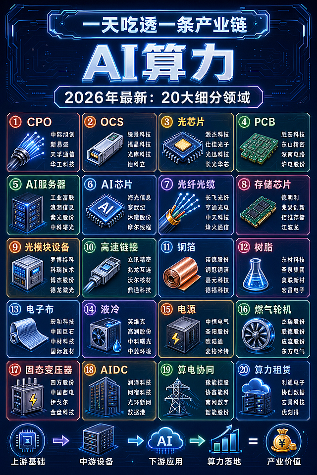 将这张AI算力产业链信息图改成科技化现代化风格，保留全部原有文字内容不变，图标保留核心含义并修改为更具科技感的样式，提升画质到高清，整体科技感和现代设计感更强
