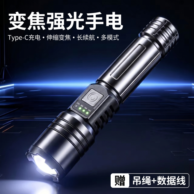 [主图-1] 变焦手电产品首图，突出硬核性能。
[氛围风格] 科技感高级商务风，专业硬核产品展示
[画质] 商业摄影质感、光线通透、产品清晰真实、画面干净高级
[元素] 保持变焦手电外观（物理结构、材预览效果
