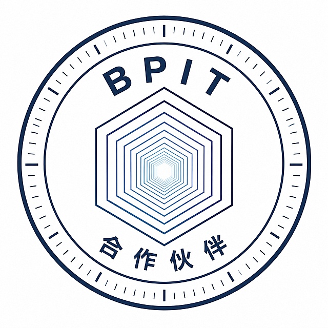 一个圆形徽章Logo设计，白色背景。外圈为双圆环结构，内外环之间有等距的刻度标记，类似钟表或仪表盘刻度，象征精密与专业。外环和刻度使用深灰蓝色#2c3e5c。内圈中心为一个由多个细线六边形层叠构成的数据核心图形，六边形由外向内逐渐缩小，形成景深感和透视效果。内圈六边形使用深浅不同的蓝色叠加，从深蓝色#1a2a4a渐变至浅蓝色#4a6a8a，冷色调统一。核心图形上方沿圆弧弧形排列文字"BPIT"，下方沿圆弧弧形排列文字"合作伙伴"，所有文字沿圆弧完美排布。整体为冷色调，禁止任何暖色如橙色、金色，禁止填充色块过多，保持简洁精密的科技感。平面矢量风格，线条清晰干净。