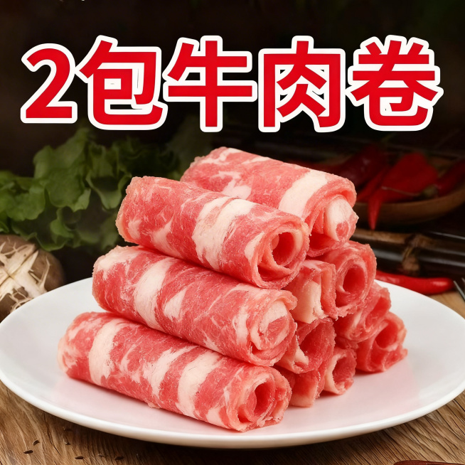 只修改图片上的文字，将图片中的文字改为"2包牛肉卷"，保持产品外观、构图、光影、颜色和风格与原图完全一致，保持原有的食欲感和新鲜度，文字使用红色填充白色描边的粗体大字，放置在画面顶部不遮挡牛肉卷主体预览效果