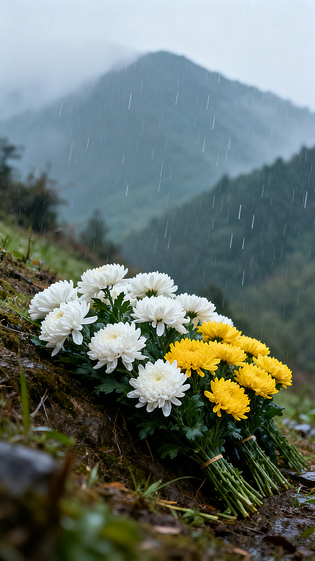 清明节主题画面，野外山坡上摆放着素雅的白色菊花和黄色菊花，背景是朦胧的青山和飘落的细雨，氛围宁静肃穆，整体色调清冷素雅，带有淡淡的哀伤纪念感