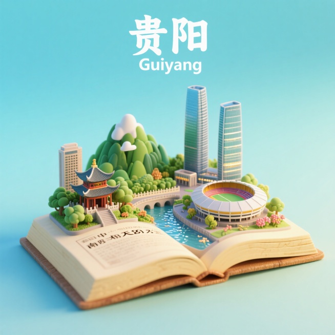 一本打开的古代书籍，书是打开的，书上是贵阳城市景观微缩模型，有贵阳的黔灵山，甲秀楼，南明河，花果园双子塔，贵阳中天201大厦，贵阳奥林匹克体育中心，上方有中文“贵阳”和英文“Guiyang”，整体画面预览效果