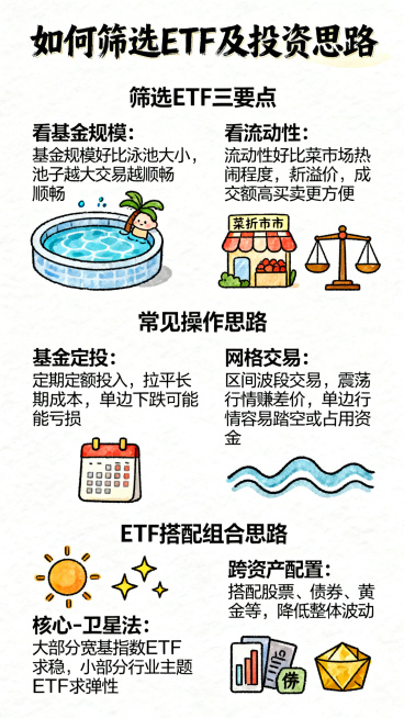 手绘卡通风格竖版信息图，主题为如何筛选ETF及投资思路，整体手绘风格，无写实元素。内容分为三部分：
1. 筛选ETF三要点：
- 看基金规模：基金规模好比泳池大小，池子越大交易越顺畅
- 看流动性：流预览效果
