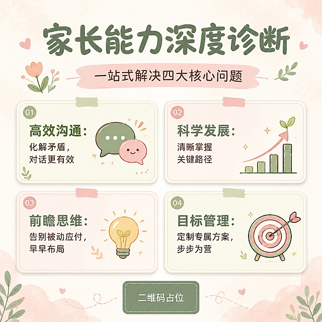 温馨治愈扁平插画风格家长能力诊断信息海报，1:1正方形构图，居中对称布局，背景为米白色底加淡粉色水彩晕染纹理，整体氛围温暖柔和有温度，适合亲子教育场景。主色调为奶油白+豆沙绿+蜜桃粉的莫兰迪色系，舒适护眼。文字使用圆润可爱的中文字，亲切友好。顶部大标题为"家长能力深度诊断"，副标题为"一站式解决四大核心问题"配柔和装饰元素。下方四个能力模块呈2x2网格排列，每个模块配手绘风格图标：对话气泡对应高效沟通，成长曲线对应科学发展，灯泡对应前瞻思维，靶心对应目标管理。每个模块卡片带轻微圆角和柔边阴影，卡片内完整呈现文字：
1. 高效沟通：化解矛盾，对话更有效
2. 科学发展：清晰掌握关键路径
3. 前瞻思维：告别被动应付，早早布局
4. 目标管理：定制专属方案，步步为营
版式精美，画面中所有数字必须精确渲染，不得错位、遗漏或编造。画面中所有二维码区域使用纯色方块占位符呈现，方块中央标注"二维码占位"文字，严禁生成任何可识别的二维码图案。