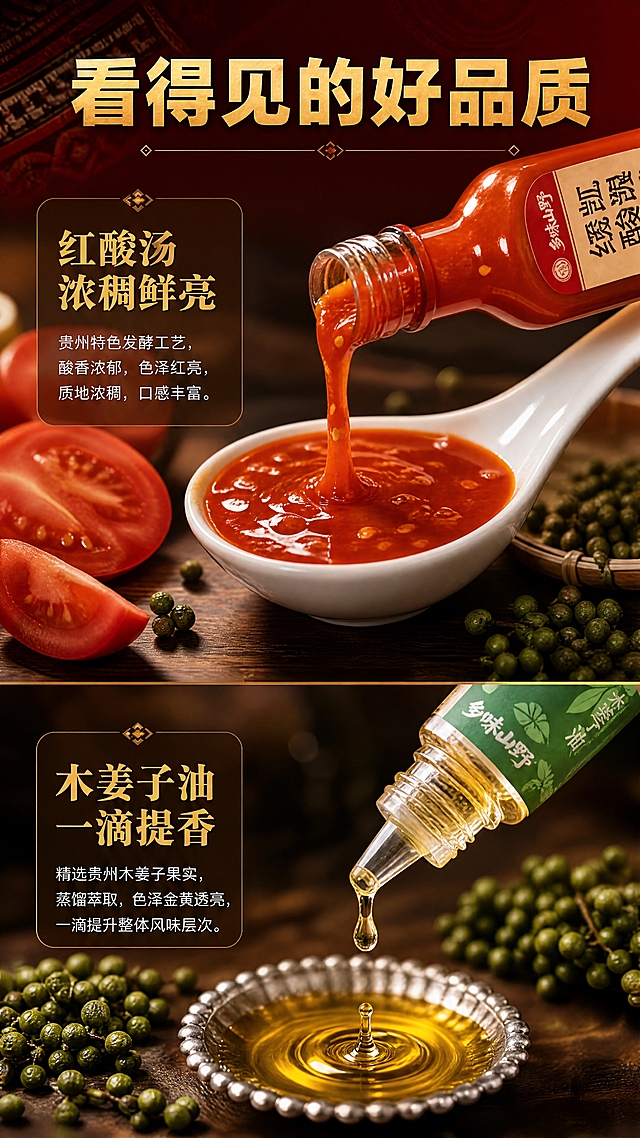 [第5张·质地特写]
[商品] 使用【图1】中的红酸汤瓶和木姜子油小瓶；保留瓶身外观、标签文字、液体颜色；增强液体的通透感和质感。
[画面] 页面目标：酸汤质地+木姜子油微距细节种草。上下分屏布局。上半部分：红酸汤质地微距特写，酸汤从瓶口缓缓流出，红亮浓稠的酸汤液柱落入下方白瓷勺中，汤体有细腻颗粒感和油亮光泽，旁边散落番茄片和木姜子。下半部分：木姜子油质地特写，金黄色的木姜子油从尖嘴瓶滴出一滴，油滴晶莹剔透，滴入下方小银碟中，旁边有新鲜木姜子颗粒。背景是深色木质台面，虚化处理，突出液体质地。
[视觉] 套系策略：风格=食欲感美食摄影+民族风质感；标题字=粗黑体+金色渐变；正文字=白色细黑体；主色=酸汤红+深暗红；背景延展=深红渐变+苗族蜡染暗纹+暖光晕染；强调色=金色；标题色=金色渐变；正文色=白色；组件=圆角半透明深色卡片+细金线边框；光影=暖金色侧逆光，温润有层次。
[文字] 顶部大标题金色粗黑体「看得见的好品质」，上半区小标题「红酸汤 浓稠鲜亮」，下半区小标题「木姜子油 一滴提香」。每个区域有简短白色说明文字。文字横排，不遮挡液体主体。
[规格] 9:16竖版，4K，避免变形、错字、模糊、杂乱、水印、平台Logo、二维码、绝对化用语。