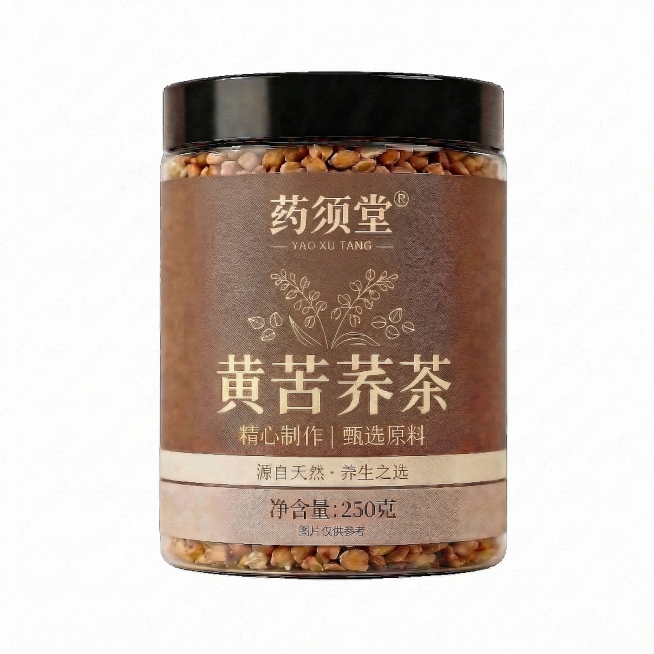 将包装中间的苦荞植物插画线条改为和字体一致的柔和米白色，保持线条清晰流畅，与棕色背景对比自然，整体画面其余内容不变，高清质感预览效果
