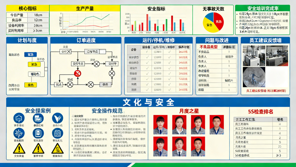 车间目视板宣传海报，顶部设置核心指标区，用黄色标注，包含生产数据（今日产量、良品率、设备利用率，搭配实时图表）、安全指标（无事故天数、安全培训完成率）；中间为计划与进度区，用流程图展示订单进度、交付节预览效果