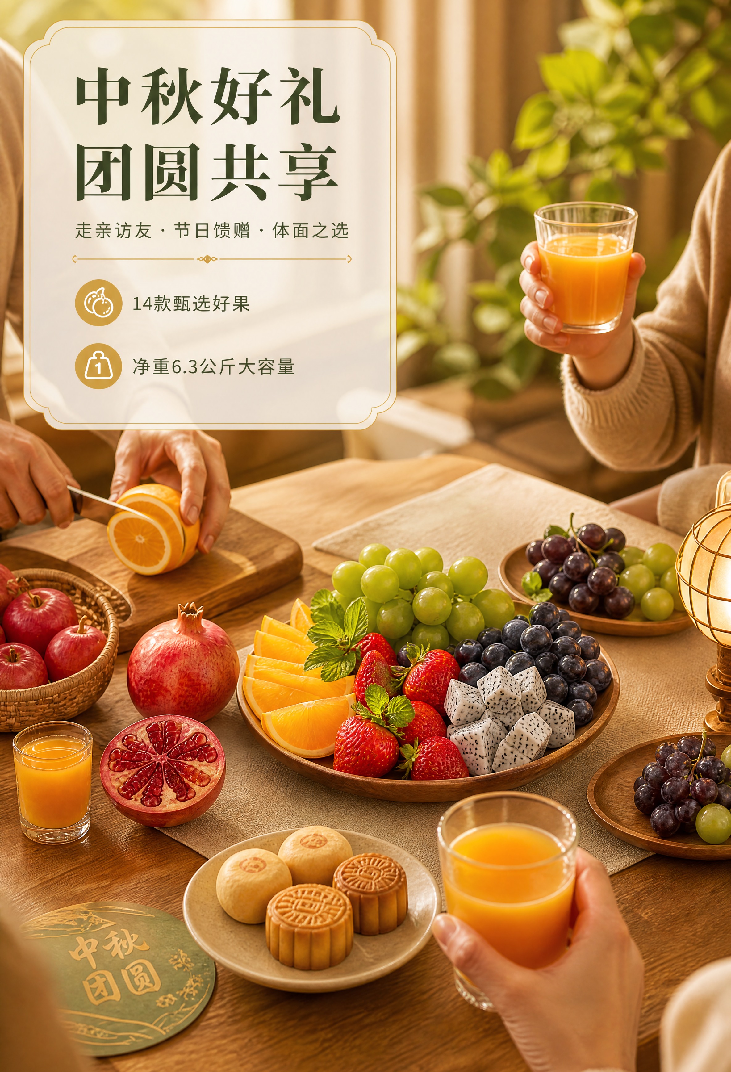 [画面] 目标：节日礼赠场景，去掉礼盒，以水果摆盘和家庭团圆氛… - 图片创意预览