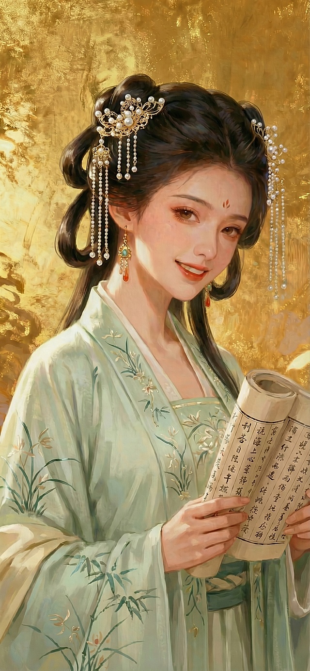 将发型更换为垂鬟分肖髻，搭配珍珠步摇