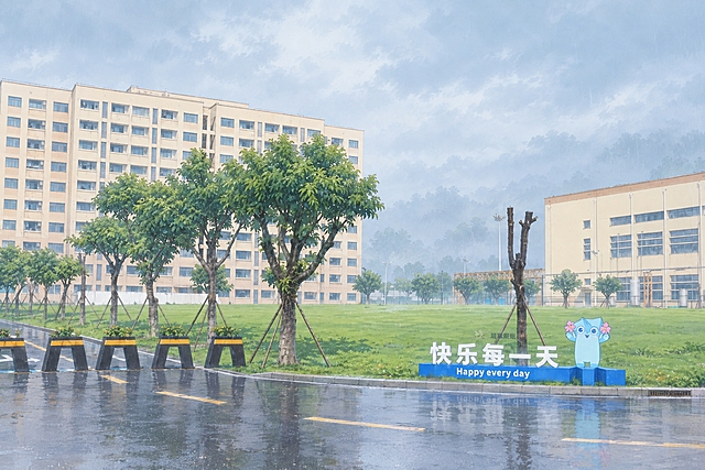 严格按照原图的建筑、树木、道路、标识牌及卡通形象的布局和结构生成，不得添加原图没有的山体等景物，保持原图场景的真实性。将画面转换为日系动漫风格，添加淡雅的江南烟雨气息：天空呈浅灰蓝色，有轻薄的雨雾感，空气微微湿润朦胧，远处景物略带薄雾但清晰可辨；树叶和草地保持翠绿，表面带微微湿润的质感，地面有轻微湿润的痕迹；整体色调柔和清润，只有淡淡的烟雨氛围感，不要过度夸张的效果，画风细腻自然