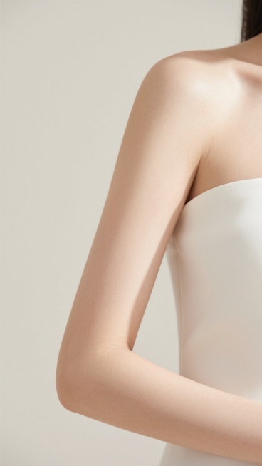 极简干净风格人像局部特写，柔和米白色背景，女性右肩及手臂区域，左手轻搭于右上臂，手肘微屈，手臂线条流畅自然，肌肤细腻有光泽，柔和自然光从侧上方照射，形成轻微阴影增强立体感，白色无肩带衣物边缘简洁，整体画面简洁通透，色调统一柔和，无多余装饰元素，适合作为背景素材使用，突出手臂的优雅姿态与纯净氛围。预览效果