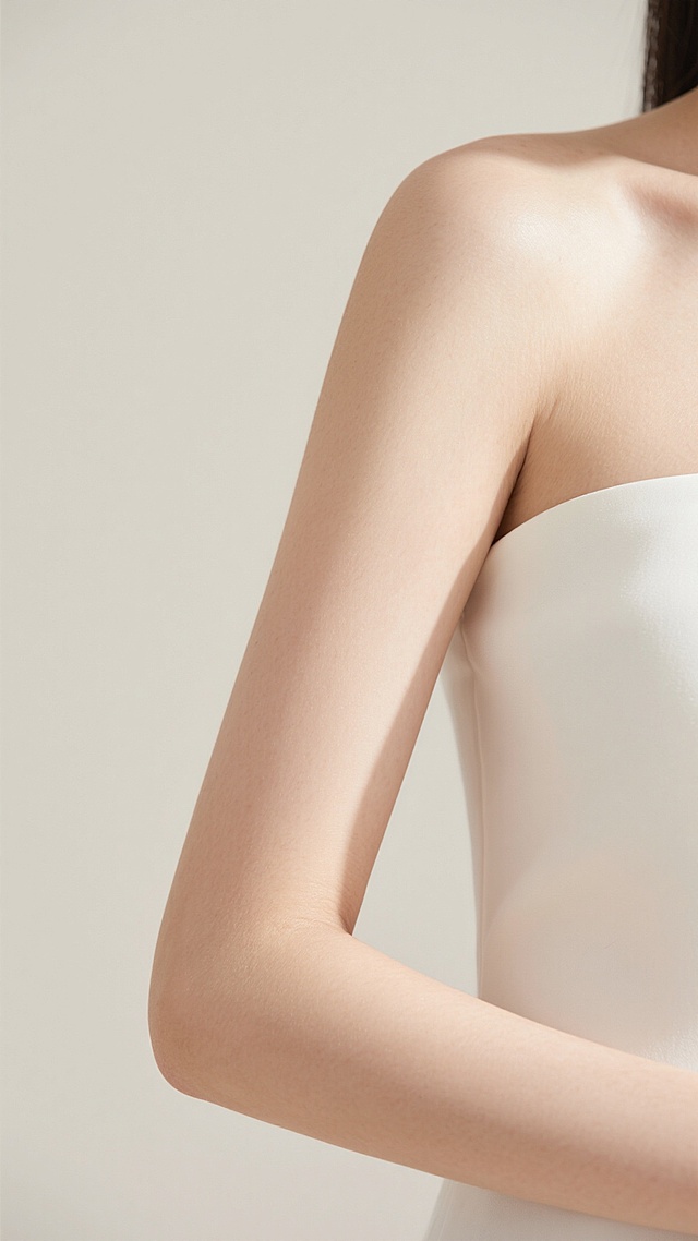 极简干净风格人像局部特写，柔和米白色背景，女性右肩及手臂区域，左手轻搭于右上臂，手肘微屈，手臂线条流畅自然，肌肤细腻有光泽，柔和自然光从侧上方照射，形成轻微阴影增强立体感，白色无肩带衣物边缘简洁，整体画面简洁通透，色调统一柔和，无多余装饰元素，适合作为背景素材使用，突出手臂的优雅姿态与纯净氛围。