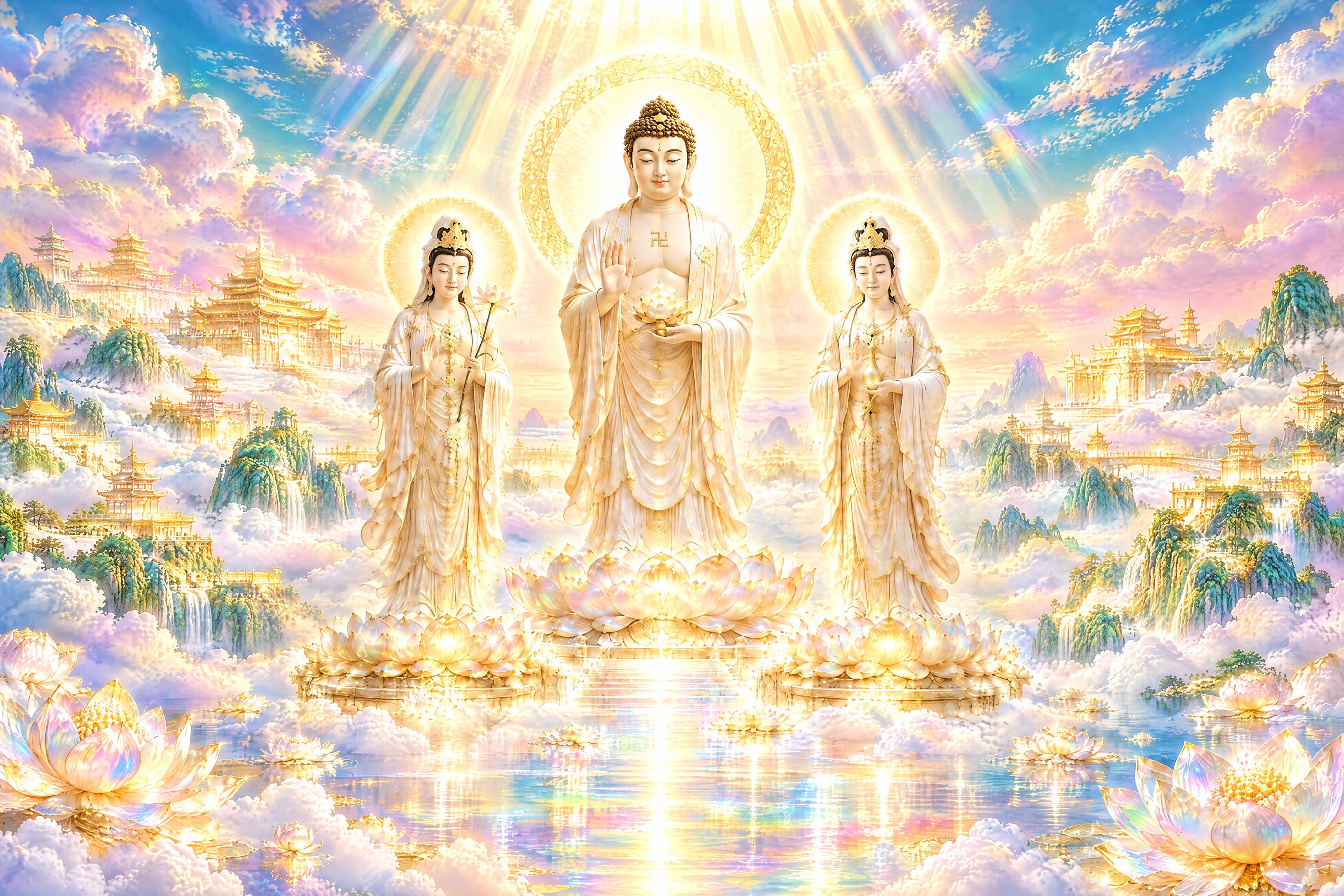 保留中央主佛和两侧观音菩萨的形象、姿态、服饰、法器与整体比例不… - 图片创意预览