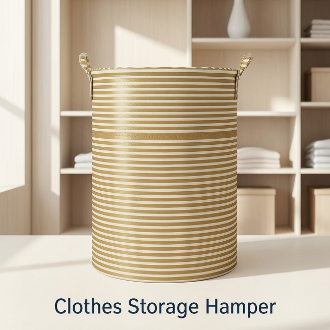 The image shows a fabric foldable gold striped storage hamper placed in a modern American bedroom cl预览效果